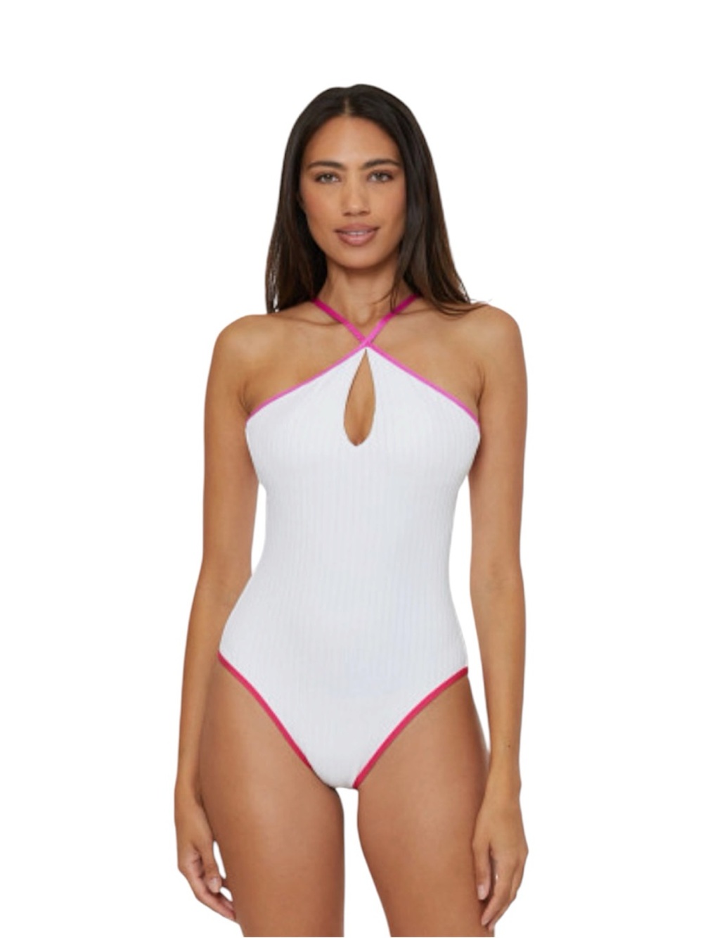 Trina Turk White Ribbed Pink Trim Maori Keyhole Swimsuit NWT 14